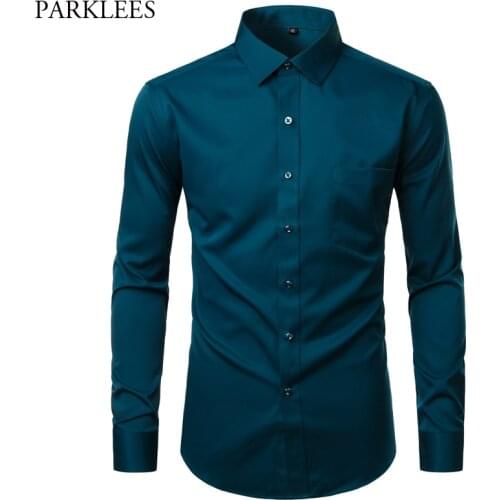 Mens Dress Shirt Button Down Shirts Casual Slim Fit Bamboo Fiber Elastic Office Wedding Work Shirt Wrinkle Free Chemise Green