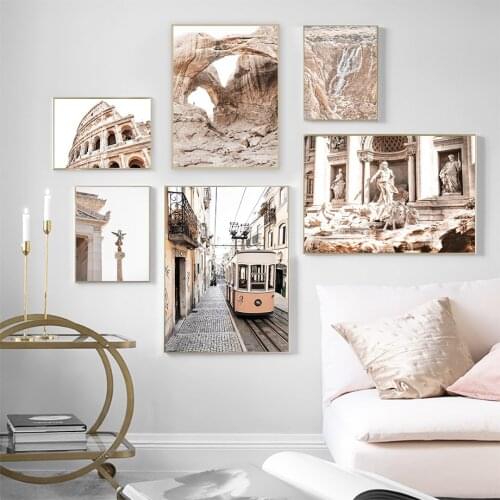 Rome Ancient Building Statue Sky Stone City Bus Wall Art Canvas Painting Nordic Posters And Prints Wall Pictures For Living Room