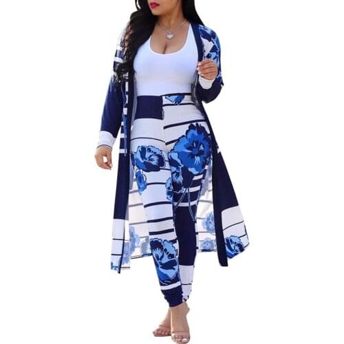 Women New Summer print Trench Coat tops pencil long pants two pieces sets bodycon tracksuits suits beach two pieces