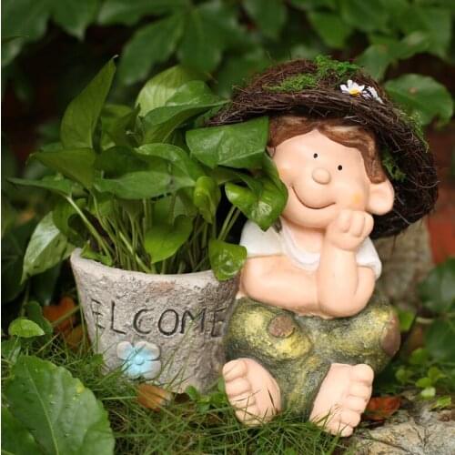 Pastoral Cartoon Portrait Cute Straw Hat Doll Fleshy Flower Pot Resin Ornaments Outdoor Park Balcony Figurines Decoration Crafts