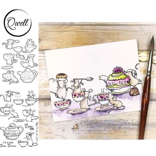 QWELL Mice Drinking High Tea Cutting Dies With Clear Stamps Teacup Saucer Teapot DIY Scrapbooking Making Template 2021 New