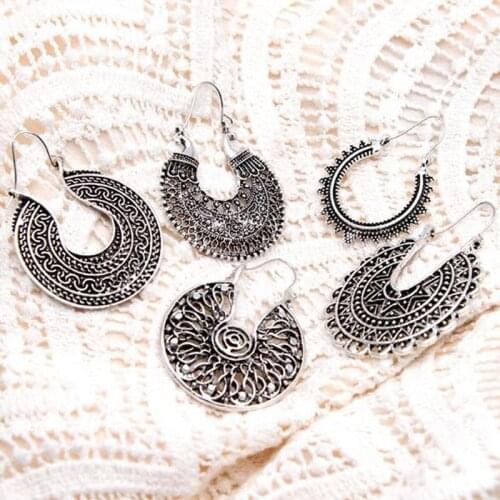 Retro Korean hollow texture earrings Boho Vintage Tibetan Round Ear Hook Tribal Earrings Retro Hanging Earrings jewelry