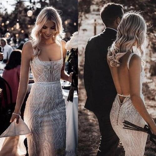 Luxurious 2020 Berta Boho Mermaid Wedding Dresses Lace Sequins Beads Sexy Backless Beach Wedding Dress Sweep Train Boho Vestidos
