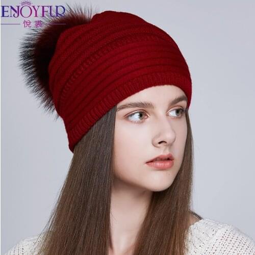 ENJOYFUR Women slouchy beanies hats for winter kintted oversized real fur pompom cap