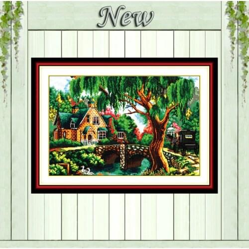 In the woods river villa scenery painting Counted print on canvas DMC 14CT 11CT DIY Cross Stitch Needlework kits Embroidery Sets