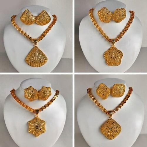WANDO Luxury Ethiopian Dubai Gold Color Flower Ball Pendant Necklace Earrings Sets Women Girl Jewelries Papua Guinea Jewelry