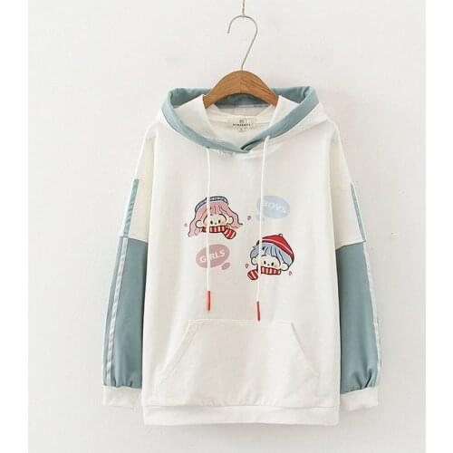 YUPINCIAGA Japanese Sweet Womens Cartoon Print Hooded Sweatshirt 2020 Autumn Color-Block Patchwork Sleeve Loose Casual Hoosies