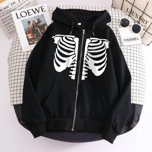 Gothic Streetwear Punk Women Zip-up Hoodie Retro Skull Printed Black Pullover Harajuku Casual All-match Cotton New Sweatshirt