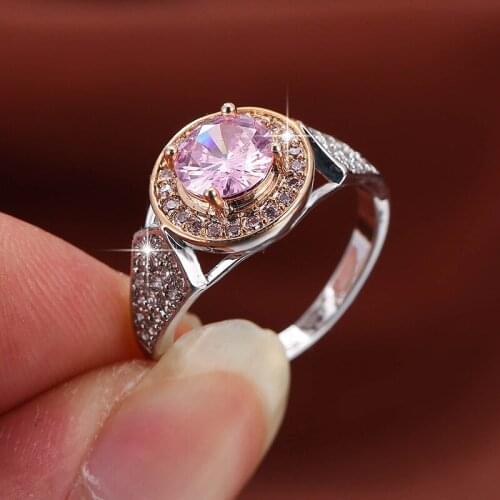 Four Prong Pink Zircon Two Color Silver Plated Rings Women Rings Fashion Glamour Banquet Engagement Rings Gift For Girlfriend