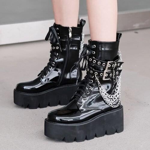 Female Motorcycle Boots Zip High Heel Ankle Boots With Metal Decoration Med Platform 2021 Street Style Large Size 34-43