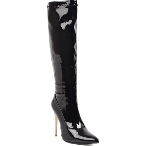 Patent Leather Fine-heeled Oversized Womens Boots, Pointed Winter Warm PU Womens Shoes, 48-yard Side Zip Knee Boots Red Boots