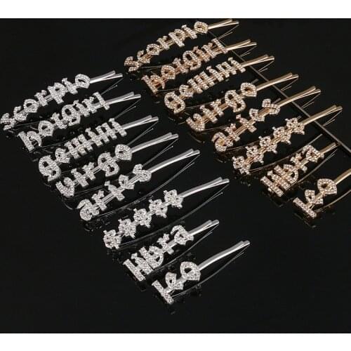 Taurus Constellation Gemini Leo Hairpins Crystal Shiny Rhinestones Letters Hair Clips Women Hairgrip Hair Jewelry Wedding Gift