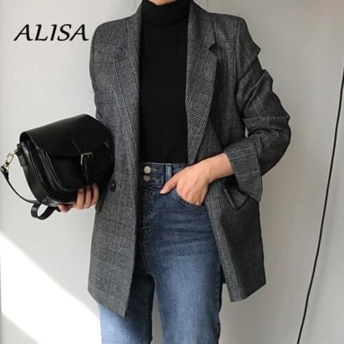 Office Lady Blazer Coat New Autumn Winter Vintage Plaid Blazer Korean Female Turn Down Collar Button Up Slim Short Outerwear