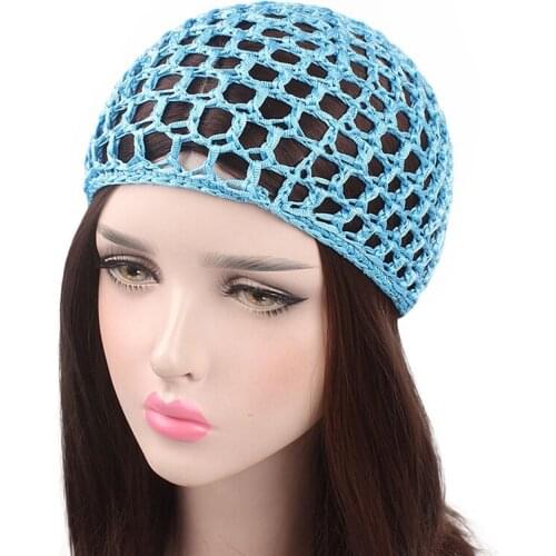 Womens Mesh Hair Net Crochet Cap Solid Color Snood Sleeping Night Cover Turban Bandanas Headwear Accessories Headbands Pink Hot