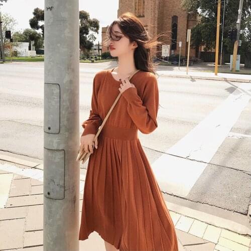 Awe-inspiring Korean Sweater Dress Spring Woman Dress Knitted Long Sleeve Loose Vintage Office Lady dress Pink Black Midi dress