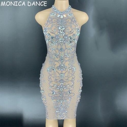 Women Sexy Stage Silver Glass Rhinestones Transparent Halter Dress Birthday Celebrate Dress Bar Prom Outfit Women Dance Dress