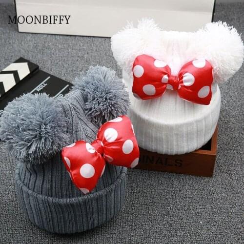 Winter Children Big Bowknot Hat Baby Cap Thick Warm Knitting Cotton Beanie Kids Girls Cartoon Cute Dot Bow Caps Bonnet