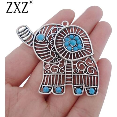 ZXZ 2pcs Large Filigree Elephant Charms Pendants with Inlaid Faux Turquoise Stones 54x52mm