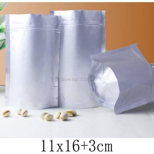 100PCS 11x16+3cm(4.3''x6.3'') Standup Ziplock pure Alunminum foil Bag Matte silver Aluminum Bag for tea coffee gifts pack pouch