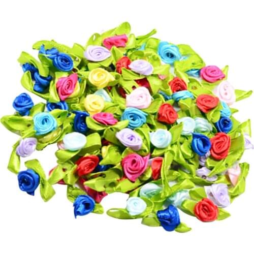 100Pcs Mini Satin Ribbon Flowers Rose Leaf Decoration Craft DIY Making