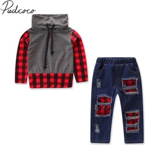 2018 Brand New Toddler Baby Boy Autumn Winter Clothes 2PCS Longsleeve Pullover Turtleneck Plaid Sweatshirt Tops+Denim Hole Pants