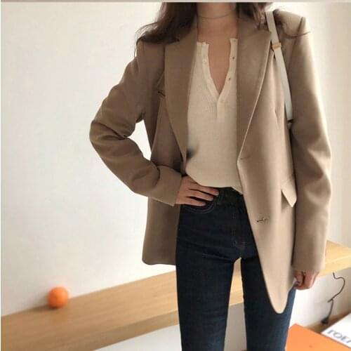 2021 Womens Chic Blazer Single Breasted Jacket Korean Fashion Loose Coat Solid Color Formal Suits