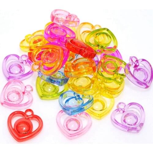 50 Mixed Color Transparent Acrylic Hollow Heart Charm Pendants 22mm Kid Craft