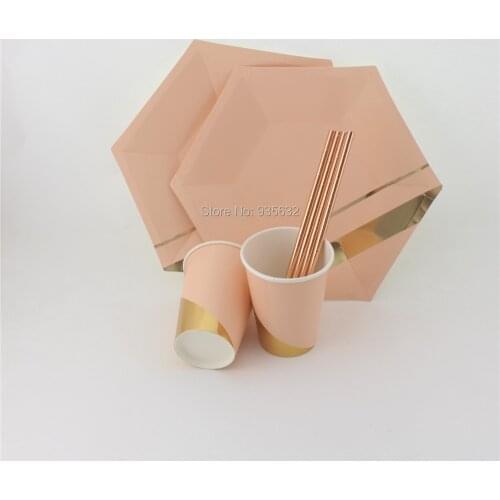 73pcs/lot Disposable Metallic Foil Gold Party Tableware Set Hexagon Paper Plates Paper Cups Straws Party Wedding Supplies