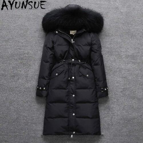 AYUNSUE Winter Duck Down Jacket Women Big Real Fur Collar Black Down Coats Women Parkas Thick Long Coat Casacas Para Mujer KJ432