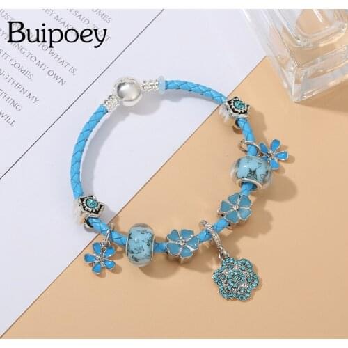Buipoey Bohemian Cyan Butterfly Beads Flower Dangle Charm Bracelets For Women Original Leather Braided Bracelet Fashion Jewelry