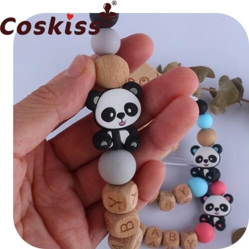 Coskiss Customized Baby Pacifier Clip Chain Cute Panda Wood Nipple Holder Chain Food Grade Silicone Teether No BPA Baby Gift