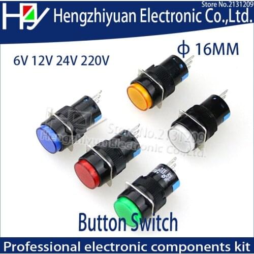 DC 6V 12V 24V 220VLED Push Button Switch Blue Green Red Yellow White lamp Fixed Pushbutton Switches Latching Push On Start 16mm