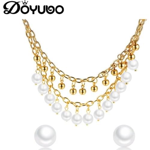 DOYUBO Luxury Womens Simulated Pearl Jewelry Sets Gold Color Stainless Steel Pearl Chains & Earrings Fashion Accessories DG006