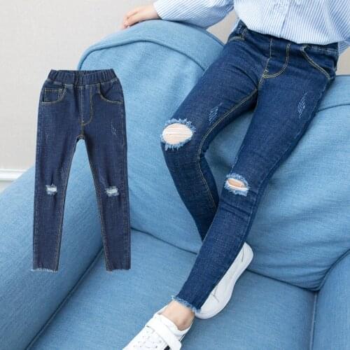Teenage Girl Jeans Black Hole Ripped Pencil Pants Baby Girl Trousers Jeans for Kids 2019 Spring Kids Pants 10 12 years