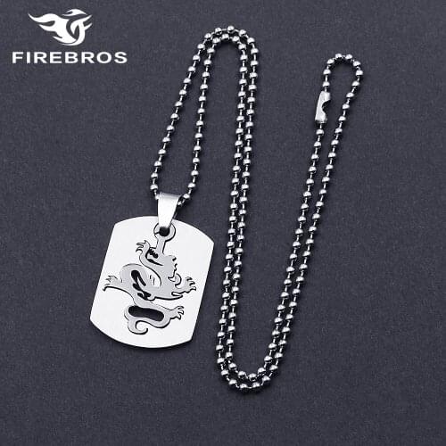 FIREBROS 20/24" Chain Silver Color High Polished Stainless Steel Animal Dragon Dog Tag Pendant Necklace Men Women Jewelry Gift
