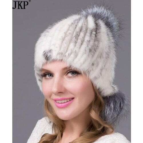 JKP Women Real Natural Mink Fur Fashion Hats Winter Silver Fox Cap Russian With Pom Salt Flakes Stylish 2020 New