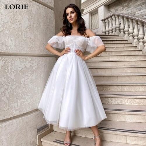 LORIE Fairy Flare Sleeve Short Wedding Dresses Off The Shoulder Boho Bride Dress 2021 Tea Length Corset Back Wedding Gown