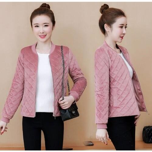 2021 Winter Cotton Padded Jacket Womens Gold Velvet Embroidery Zipper Lightweight Short Coat Casual Warm Sports Baseball Jacket