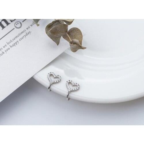 1pair SMALL Real. 925 Sterling Silver Fine jewelry Zirconia Set Hollow LOVE HEART Clip Earrings (No pierced) GTLE2285