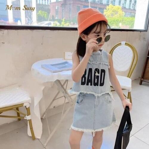 Fashion Baby Girl Denim Clothes Set Cotton Vest+Skirt 2PCS Bebe Kids Letter Print Jean Clothing Suit Sleeveless Summer 1-10Y