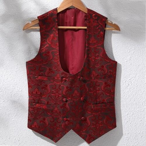 Mens Vest Formal Business Printing Suit Vest Collarless Round Neck Color Ethnic Pattern Vest Best Man Wedding Party