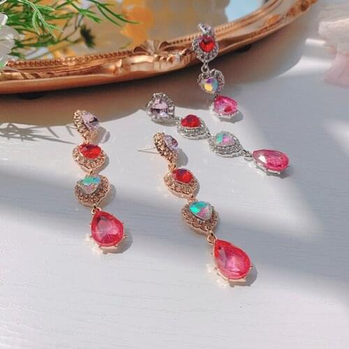 New Korean Hyperbole Vintage Rainbow Crystal Rhinestone Purple Love Heart Long Drop Earrings for Women Wedding Jewelry
