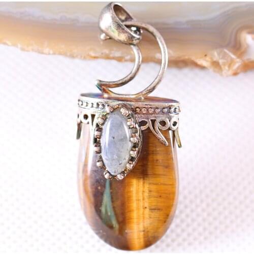 Charm Necklace Pendant Natural Gem Tiger Eye Labradorite Oval Bead Antique Crown Half Moon Jewery Gift 1Pcs K777