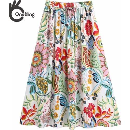 OneBling Women Flowers Print Midi Skirt Vintage High Waist Pleated Midi Skirts Woman Elastic Drawstring Waist Summer Skirt