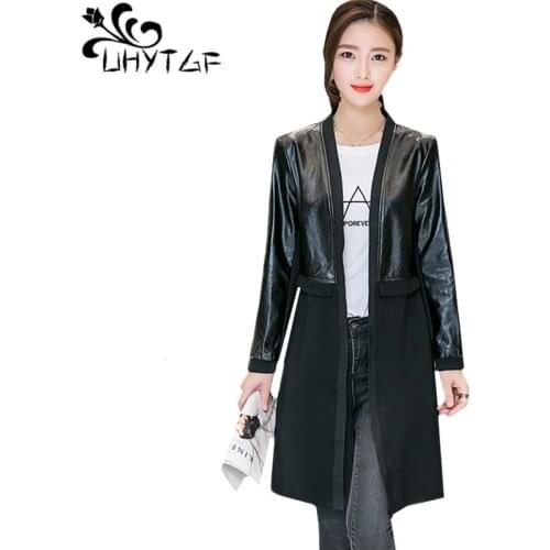 UHYTGF Coat female fashion stitching leather jacket women temperament Slim cardigan Spring jacket womens plus size outerwear 981
