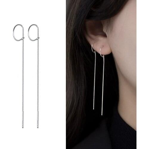 Real 925 Sterling Silver Simple Box Chain Drop Earrings C Shape Long Earring Hypoallergenic Jewelry for Women