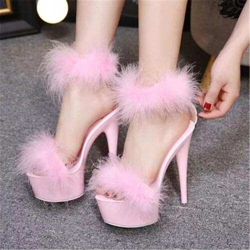 15CM tall heel sandal, ultra high waterproof stage, euramerican new fund feather vamp delicate dance shoe