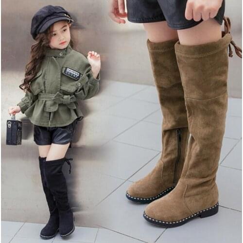Girl Boots Knee Elastic Long Boots Girls Flock Kids High Thigh Boot Children Brand Black/Khaki Plush Shoes