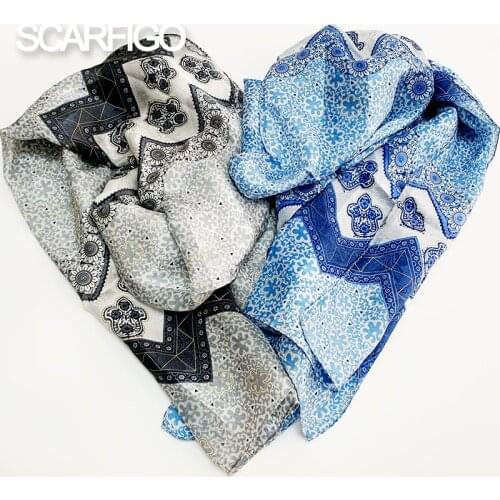 SCARFIGO Idyllic Small Floral Printing Womens Scarves 100% Silk Long Scarves For Ladies Headscarf