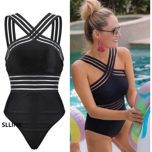 Sexy Black Striped One Piece Bikini Womens Bandage Push Up Monokini Swimwear Swimsuit Beach Triangle Bathing Suit